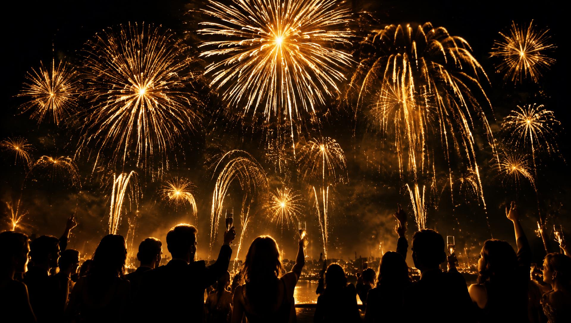 Golden fireworks over a celebrating crowd